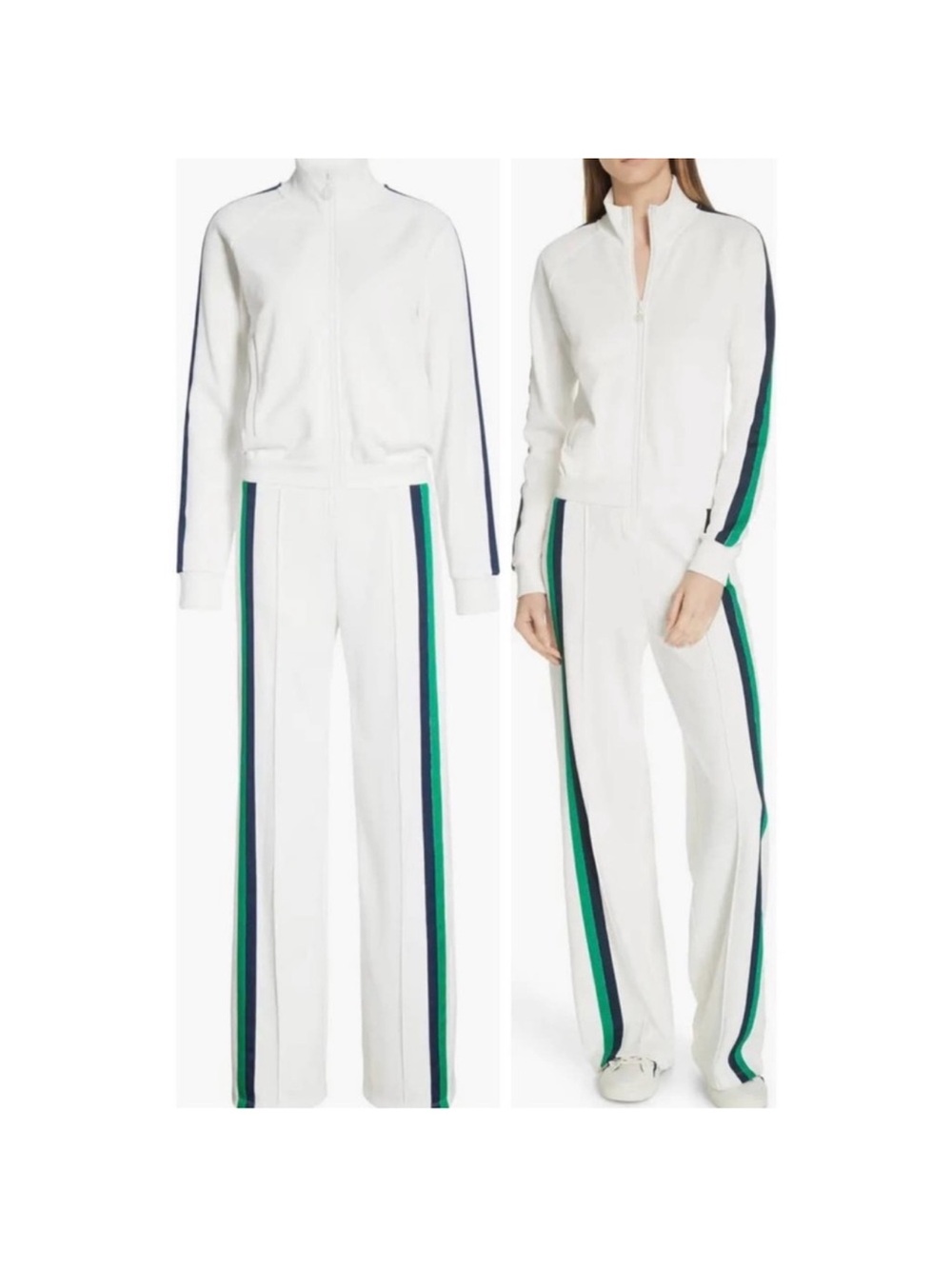 Tory Burch Sport White Jumpsuit Double Stripe Track in white blue green size S
